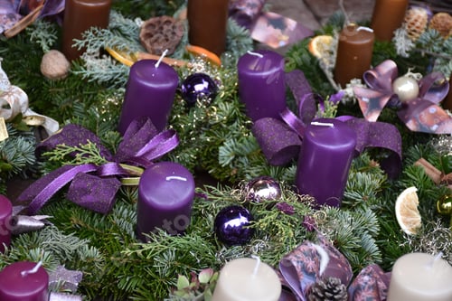 Preview: Christmas decoration with purple candles on pine branches