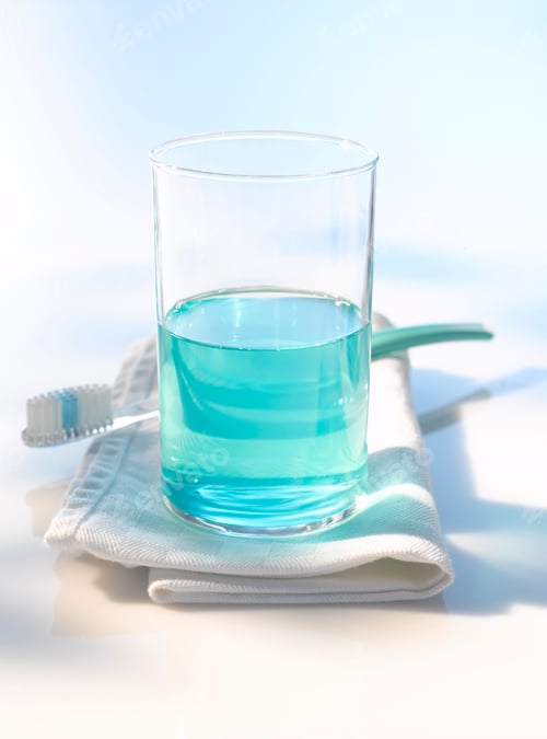 Preview: Tumbler, mouthwash, toothbrush, close up