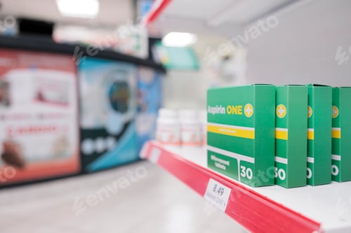 Preview: Empty pharmacy store filled with boxes of pharmaceutical products and drugs to help sick clients