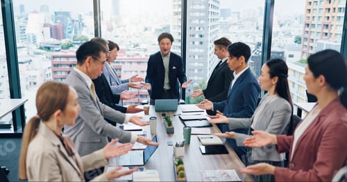 Preview: Man, meeting and business people with open palm in boardroom with team building, synergy or celebra