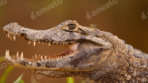 Preview: Head of yacare caiman with open mouth and visible teeth, Pantanal, Brasil