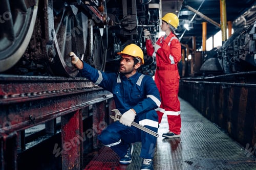 Preview: Team of engineer railway under checking under train.