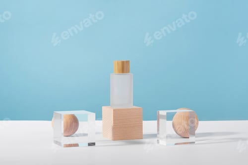 Vista previa: Medical skincare and cosmetic cream mockup on wooden block pedestal podium with stylish props, glass