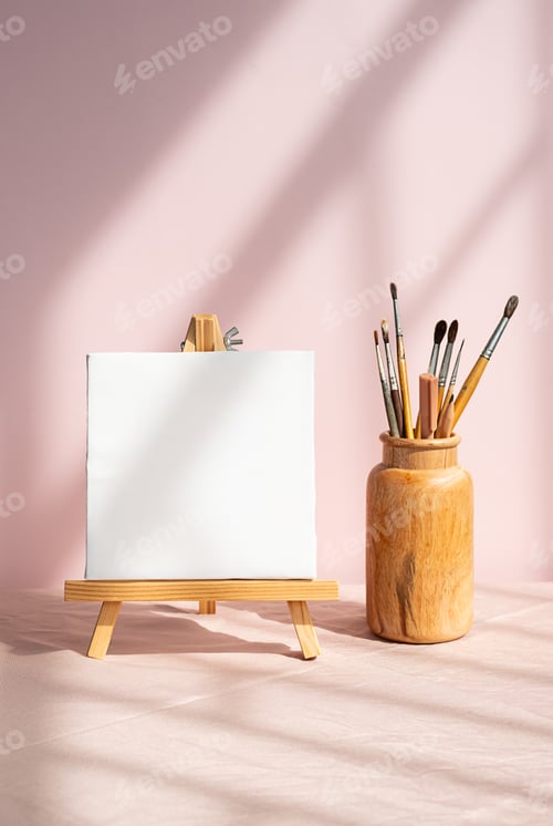 Preview: Blank Canvas on Easel With Art Supplies