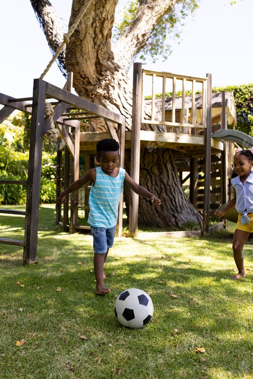 Preview: Cheerful african american siblings playing soccer on grassy field in park