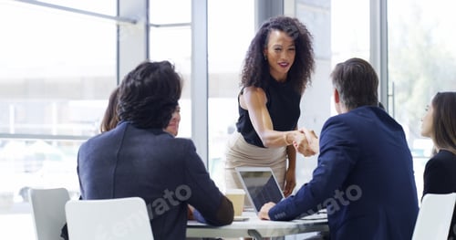 Preview: Cropped shot of a businesswoman shaking hands with colleagues during a meeting in an office