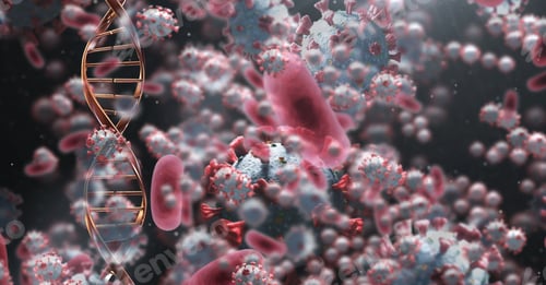 Preview: DNA strand, virus, and cells on dark background