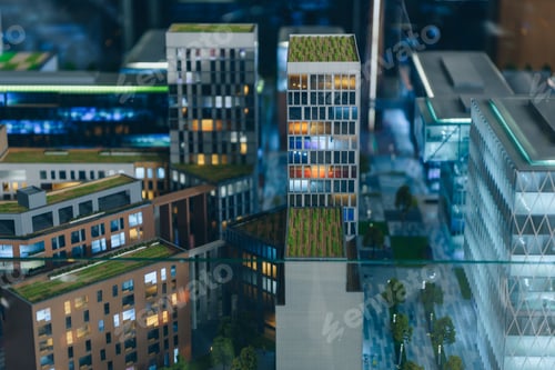 Preview: close-up shot of plastic miniature model of modern city