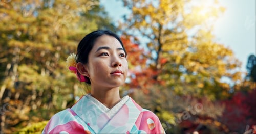 Preview: Woman in garden, Asian and calm with fan, thinking about life with reflection and tranquility in tr