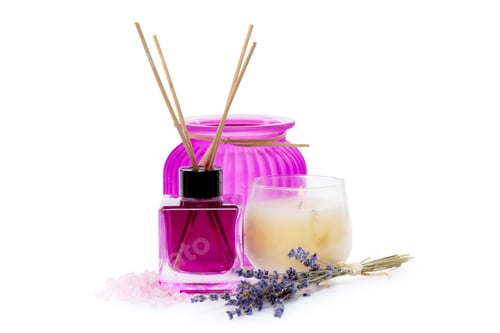 Preview: Collection of home fragrance items on a white background showcasing relaxation and calm