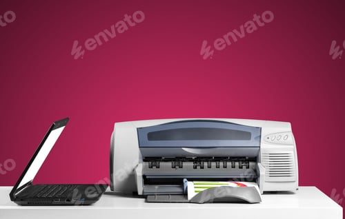 Preview: Printer and computer. Office table