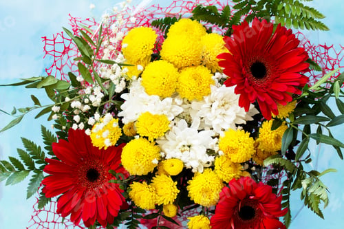 Preview: Mother's Day background or greeting card. Congratulatory sheet of paper withbouquet of gerbera