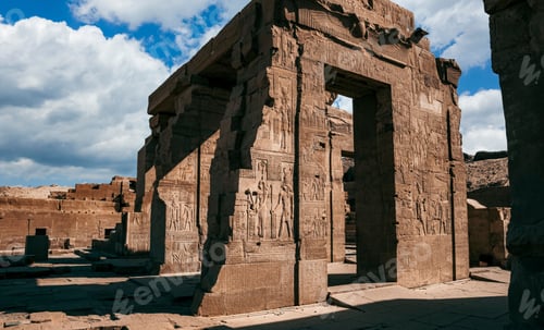 Preview: Ancient Egyptian temple ruins under a dramatic sky.
