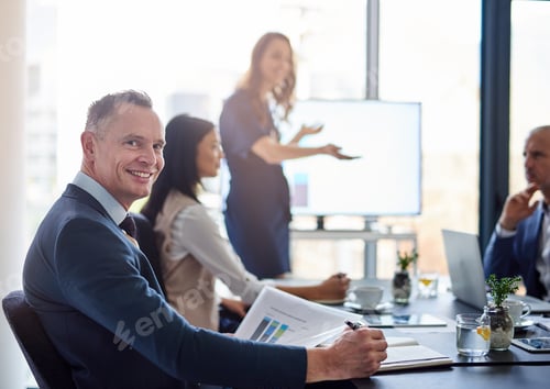 Preview: Portrait of a businessman sitting in a boardroom presentation with colleagues