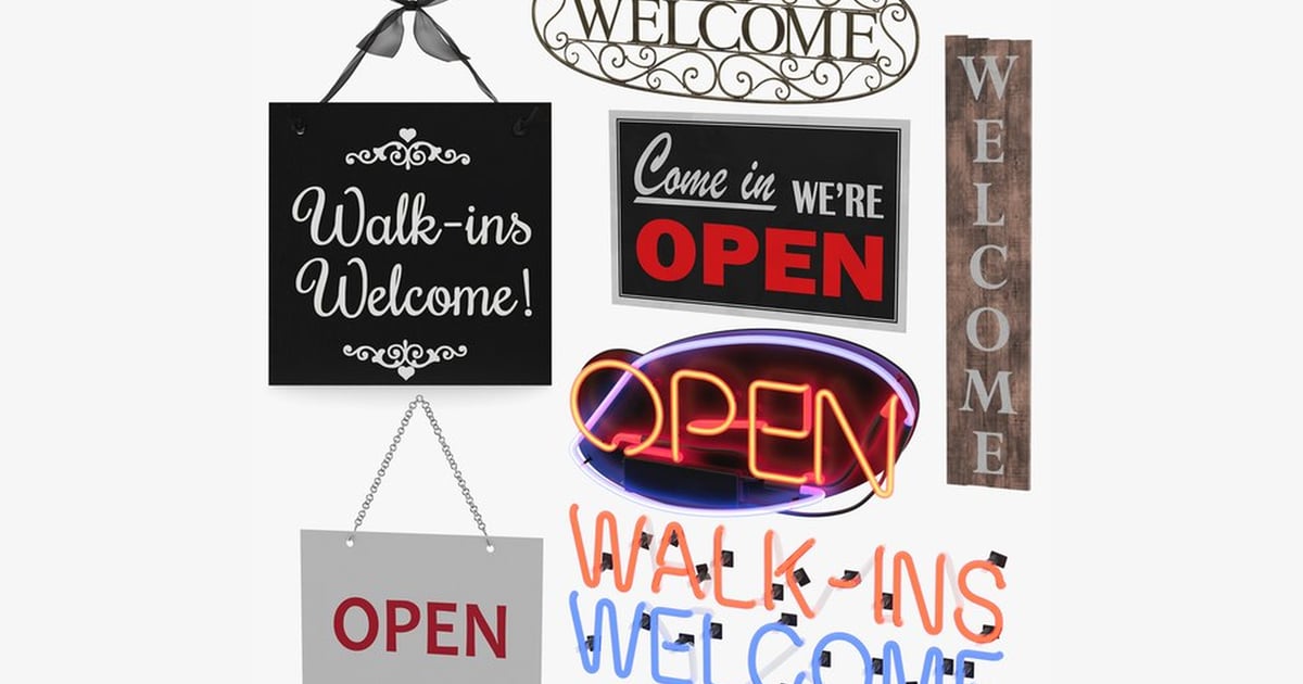 Assorted Storefront Welcome Signs 3D, Incl. bar & city - Envato