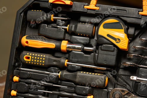 Preview: Screwdriver handle for interchangeable bits, Phillips and flat screwdrivers, tape measure in a set