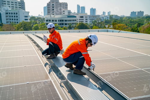 Preview: Technicians install solar panels on a rooftop in an urban area during a sunny day