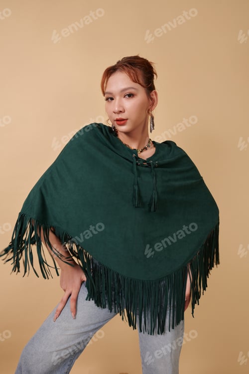 Preview: Woman in Green Wool Poncho