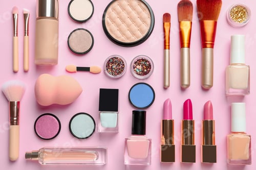 Preview: Flat lay composition with decorative cosmetics on color background