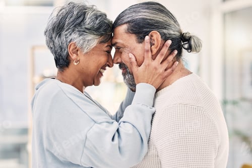 Preview: Hug, forehead and senior couple with love, smile or retirement with happiness, home or loving toget