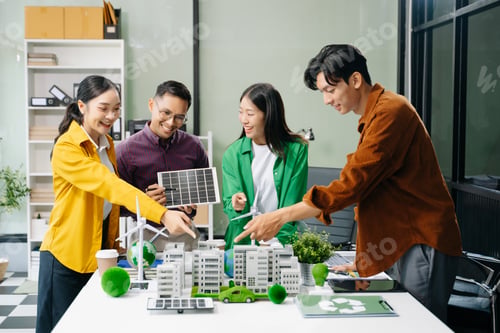 Preview: business team people planning and discussing on recycle reduce reuse policy symbol