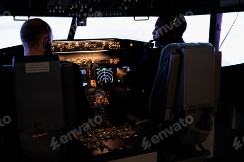 Preview: Captain and pilot flying airplane with engine lever and power switch