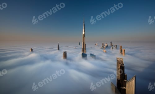 Preview: View of the Burj Khalifa and other skyscrapers above the clouds in Dubai, United Arab Emirates.