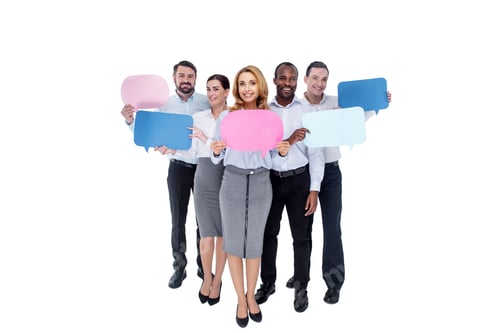 Preview: Smiling. Attractive Exuberant Stylish Young Co-Workers Smiling And Holding Tables And Standing In A