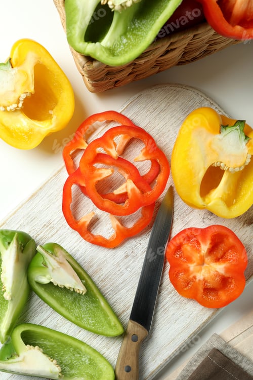 Preview: Concept of tasty food with bell pepper on white background