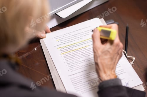 Preview: Hand of mature female lawyer highlighting main points of contract