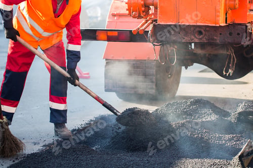 Preview: Repair of roads, highways and sidewalks. Patching. Working with a shovel falls asleep in the pit