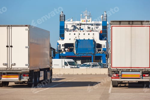 Preview: Transportation and logistic industry. Trucks and vessel in the harbor