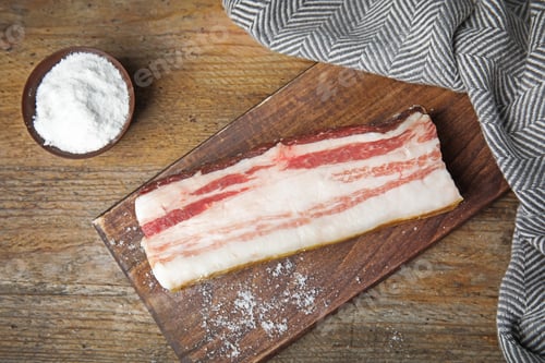 Preview: Board with bacon and salt on wooden background, flat lay