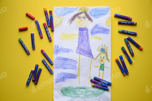 Preview: Overhead shot of child’s drawing for Mother’s Day with colorful oil pastels, on yellow background