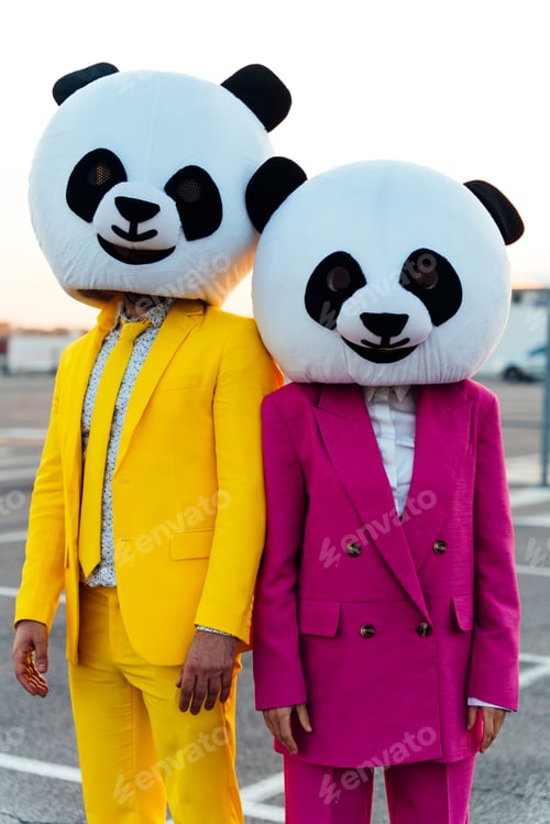 Preview: Storytelling image of a couple wearing giant panda head
