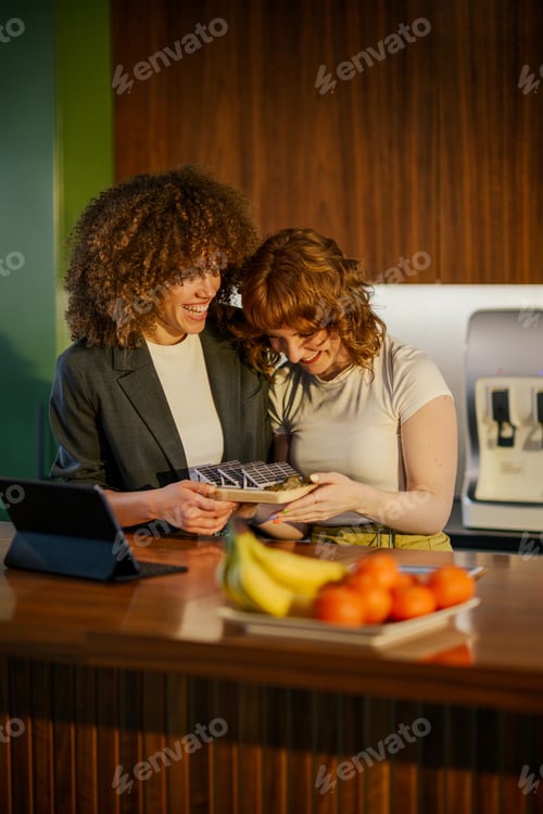 Preview: Happy businesswomen with solar panels model collaborating on eco project