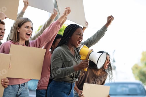 Preview: Emotional international students making strike on the street, side view