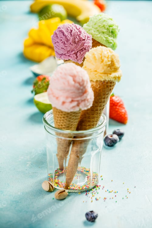 Fruity Ice Cream Cones in Glass with Sprinkles