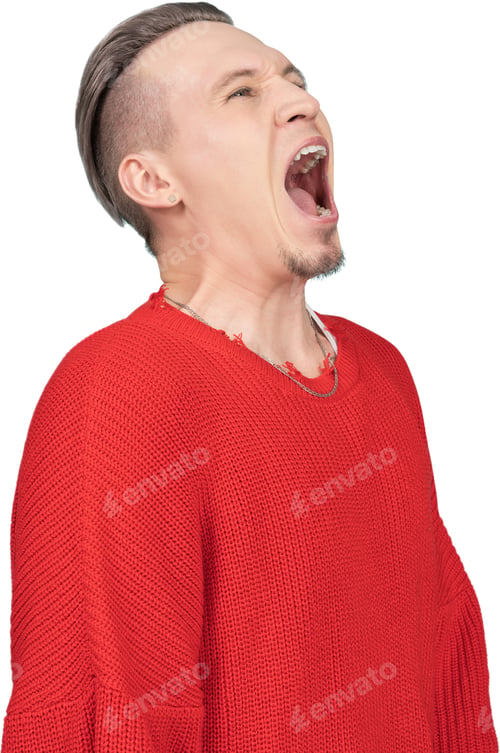 Preview: a man wearing a red shirt with his mouth open
