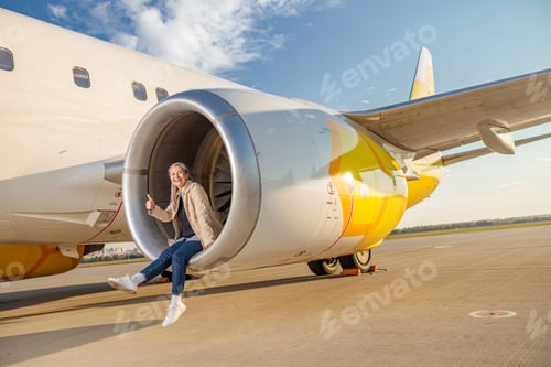 Preview: Joyful woman sitting in aircraft engine and giving thumbs up