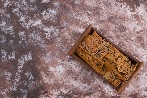 Preview: Crackers with black cumin on them in wooden tray on the bottom corner