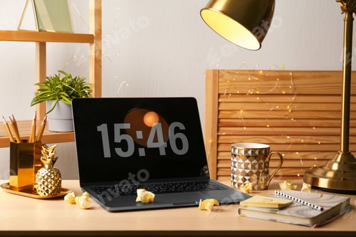 Preview: Stylish workplace with different golden accessories indoors. Idea for interior design
