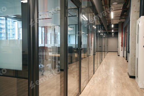 Preview: Modern premises of the office center, transparent partitions offices
