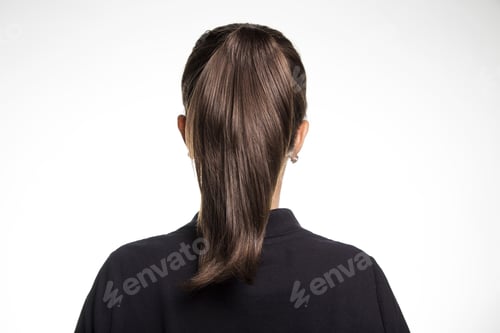 Preview: Back view of a female dark brown straight hair ponytail small earrings black shirt white background