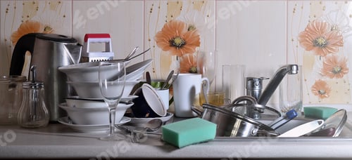 Preview: A huge pile of unwashed dishes in the kitchen sink and on the countertop