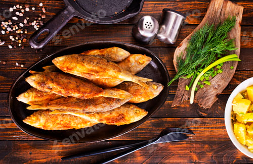 Preview: Plate of fried fish, fried fish and potato
