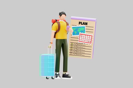 Preview: Cartoon traveler with suitcase and plan