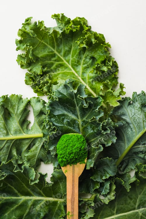 Preview: Green leaves of kale and kale powder on white background.