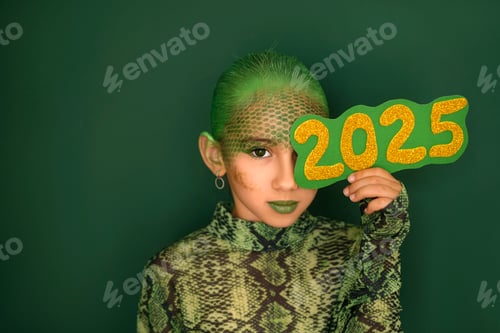 Preview: A child in the form of a green snake closes his eye with the golden numbers 2025.