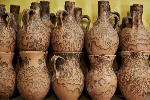 Preview: Many handmade clay jugs on shelf in workshop